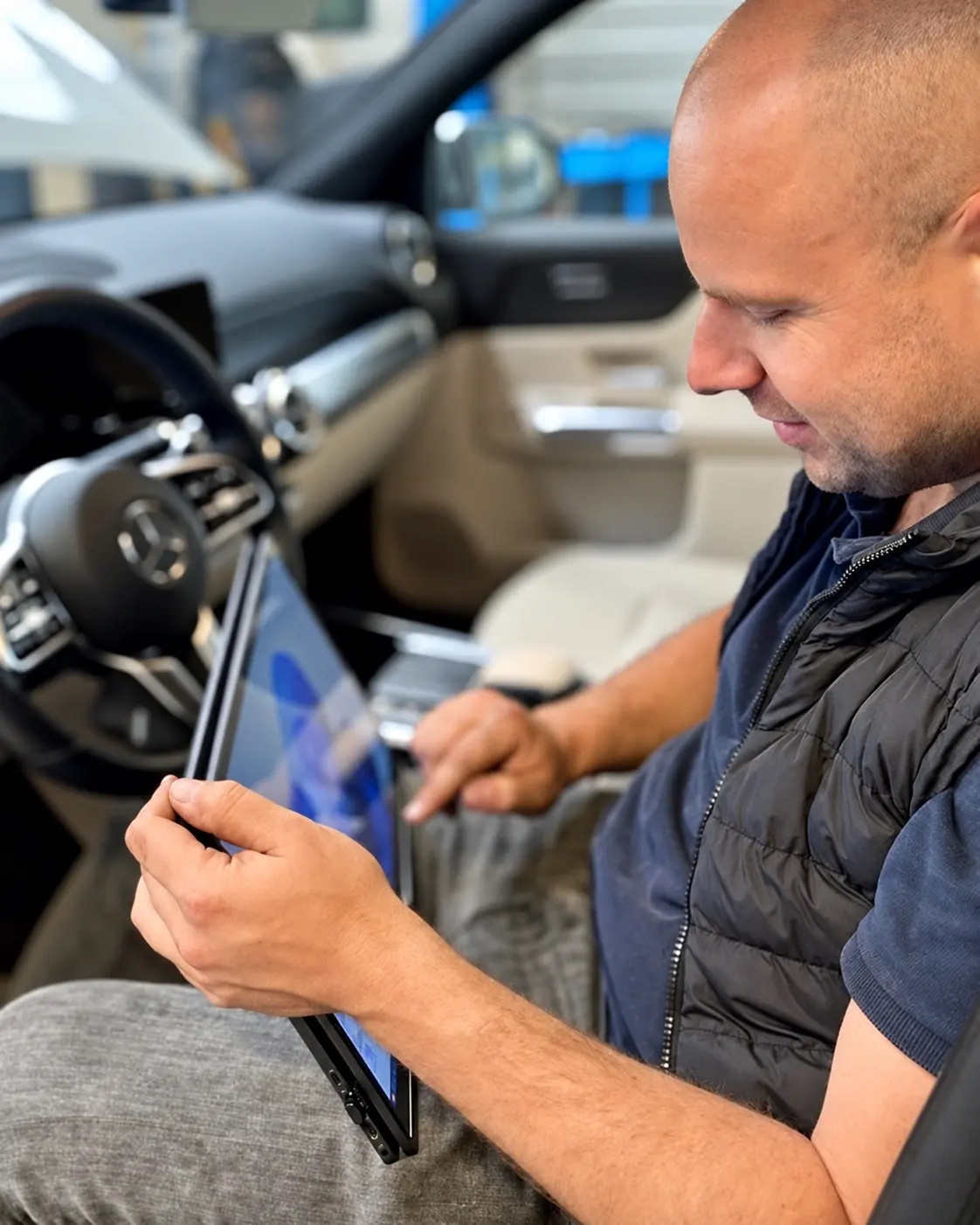 Roy leest in de auto een storing uit op de diagnosetablet