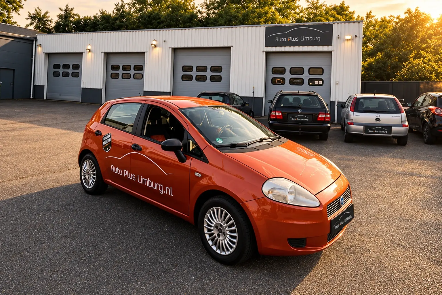 De werkplaats van Auto Plus Limburg in Schimmert bij avondlicht