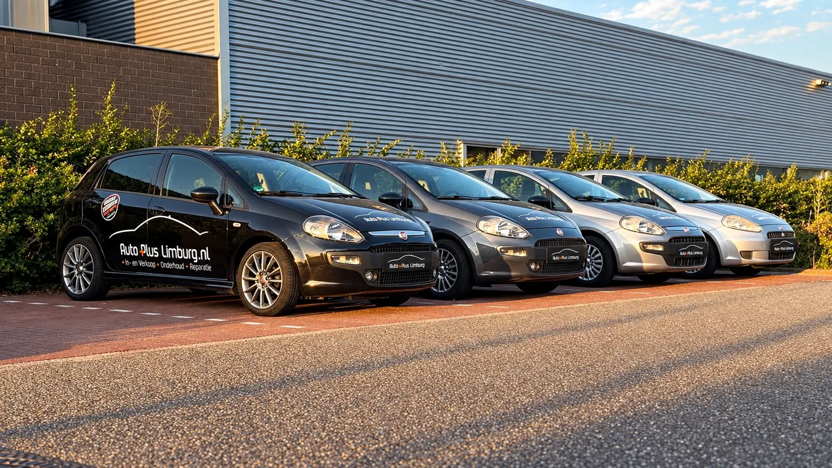 De leenauto's van Auto Plus Limburg op een rij, met het logo op de deur