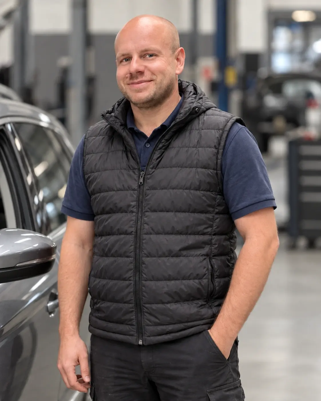 Roy Maas naast een auto, met een donkere bodywarmer
